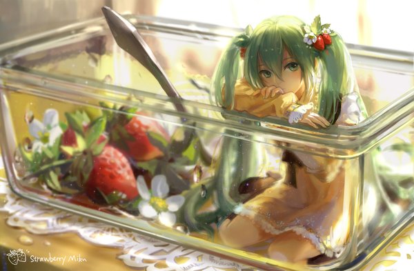 Anime picture 1440x945 with vocaloid hatsune miku strawberry miku (tantan) achyue single long hair looking at viewer blush sitting twintails green eyes green hair wariza minigirl girl dress flower (flowers) food shoes berry (berries)