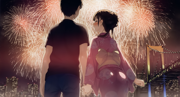 Anime picture 4607x2500 with original kantoku blush highres short hair open mouth black hair wide image absurdres outdoors eyes closed traditional clothes japanese clothes from behind scan official art couple ^ ^ city lights fireworks