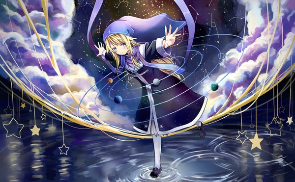 Anime picture 3790x2345 with original magi in wanchin basilica xiao ma jeffrey10 single long hair looking at viewer highres blue eyes blonde hair smile wide image standing absurdres cloud (clouds) long sleeves leaning leaning forward standing on one leg spread arms