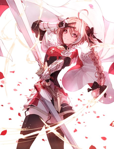 Anime picture 1200x1563 with fate (series) fate/apocrypha astolfo (fate) kh (kh 1128) single long hair tall image looking at viewer fringe hair between eyes pink hair ahoge braid (braids) pink eyes multicolored hair two-tone hair streaked hair single braid victory otoko no ko