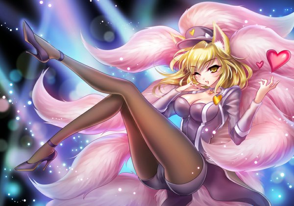 Anime picture 1000x700 with league of legends ahri (league of legends) popstar ahri (league of legends) s-yin single long hair blush light erotic blonde hair smile animal ears yellow eyes tail one eye closed wink multiple tails girl pantyhose shorts short shorts
