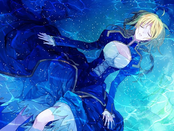 Anime picture 1000x755 with fate (series) fate/zero type-moon artoria pendragon (all) saber ayu (auko2010) single long hair blonde hair eyes closed girl dress water