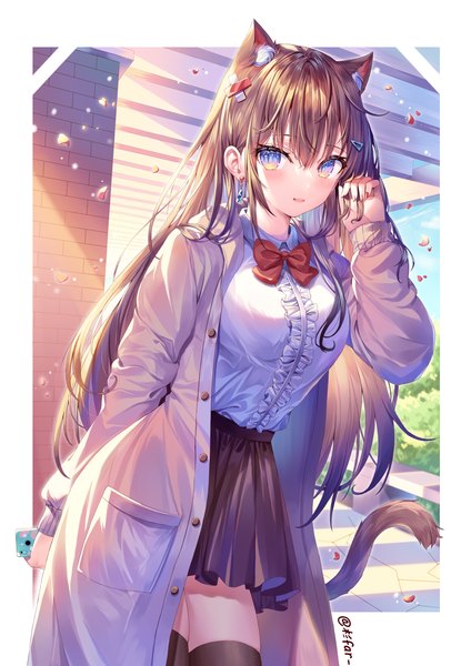 Anime picture 2480x3508 with original sugi (far-) single long hair tall image looking at viewer blush fringe highres open mouth blue eyes hair between eyes brown hair standing holding signed animal ears payot sky cloud (clouds)