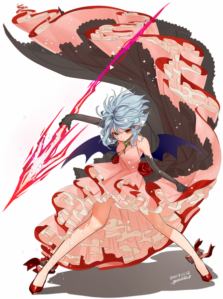 Anime-Bild 1321x1770 mit touhou remilia scarlet gotoh510 single tall image looking at viewer short hair simple background red eyes standing white background signed blue hair full body pointy ears bare legs shadow sleeveless dated frilled dress