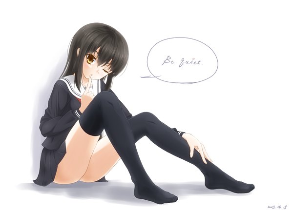 Anime picture 1424x1024 with original rito single long hair looking at viewer light erotic black hair simple background white background yellow eyes full body one eye closed wink no shoes legs finger to mouth pantyshot sitting girl thighhighs skirt