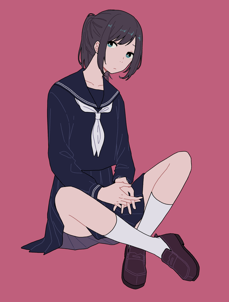 Anime picture 1517x2000 with original shi oo single long hair tall image looking at viewer black hair simple background sitting full body ponytail aqua eyes pink background interlocked fingers indian style girl uniform socks serafuku shoes