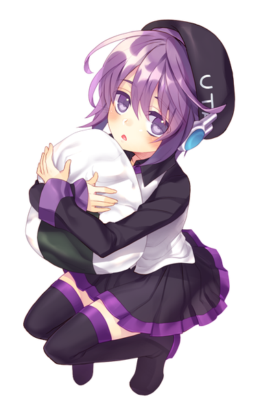 Anime picture 868x1362 with utau utane uta renta (deja-vu) single tall image looking at viewer blush short hair open mouth purple eyes purple hair ahoge from above transparent background girl boots pillow thigh boots beret onigiri