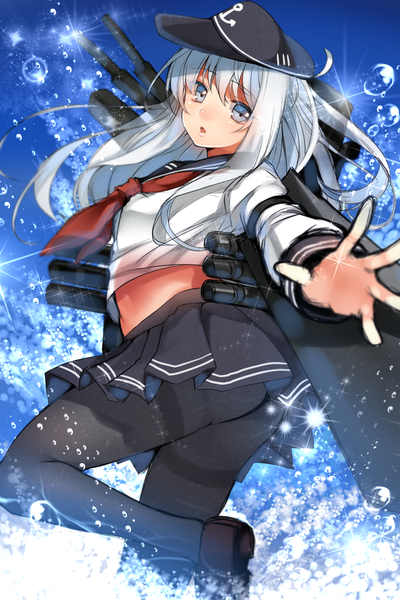Anime picture 1300x1950 with kantai collection hibiki destroyer tsukiriran single long hair tall image looking at viewer open mouth blue eyes white hair girl skirt weapon pantyhose water bubble (bubbles) sailor suit peaked cap anchor symbol