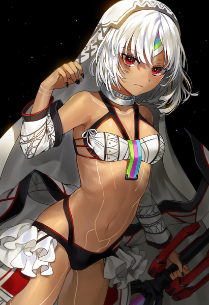 Anime picture 660x962 with fate (series) fate/grand order fate/extra fate/extella altera (fate) gijang single tall image looking at viewer fringe short hair breasts light erotic simple background red eyes bare shoulders holding cleavage nail polish arm up