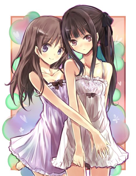 Anime picture 700x900 with atelier (series) atelier totori gust (company) totooria helmold mimi houllier von schwarzlang maromi (am97) long hair tall image blush light erotic black hair brown hair purple eyes bare shoulders multiple girls brown eyes ponytail barefoot girl ribbon (ribbons)