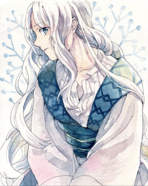 Anime picture 1694x2131 with magi the labyrinth of magic a-1 pictures ja'far (magi) sonomura single long hair tall image looking at viewer blue eyes sitting silver hair profile alternate hairstyle traditional media freckles watercolor (medium) boy arabian clothes