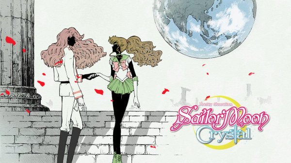 Anime picture 1200x675 with bishoujo senshi sailor moon toei animation sailor jupiter nephrite (sailor moon) long hair simple background wide image standing ponytail profile pleated skirt couple dark skin holding hands wavy hair face to face logo girl boy skirt