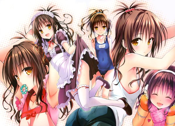 Anime picture 1803x1300 with toloveru toloveru darkness xebec yuuki mikan ulquiorra90 long hair blush highres short hair open mouth light erotic simple background smile brown hair white background holding yellow eyes ponytail eyes closed looking back