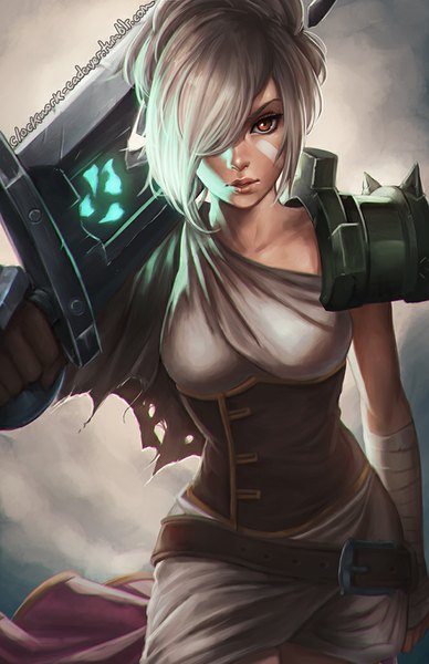 Anime picture 663x1024 with league of legends riven (league of legends) koyoriin single tall image looking at viewer fringe short hair red eyes holding white hair hair over one eye bandaid on face glowing weapon girl gloves weapon belt bandage (bandages) bandaid