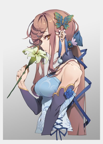 Anime picture 1500x2086 with girls frontline defender (girls frontline) defender (lily's reverie) (girls frontline) zzzearly single long hair tall image looking at viewer simple background brown hair brown eyes upper body profile grey background official alternate costume low ponytail girl hair ornament flower (flowers) detached sleeves