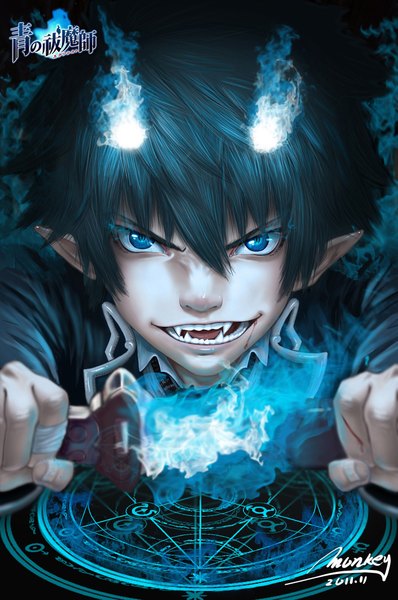 Anime picture 1411x2126 with ao no exorcist a-1 pictures okumura rin monkey (weibo) single tall image short hair open mouth blue eyes black hair signed pointy ears realistic teeth fang (fangs) magic sharp teeth boy weapon sword