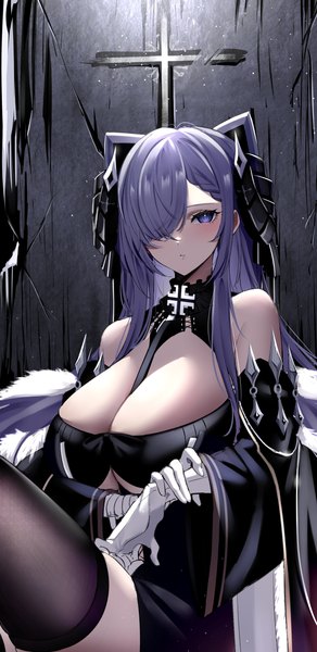 Anime picture 2611x5357 with azur lane august von parseval (azur lane) azarashi (azrsot) single long hair tall image looking at viewer blush fringe highres breasts light erotic large breasts sitting purple eyes bare shoulders animal ears cleavage purple hair parted lips