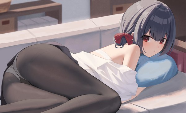 Anime picture 3508x2142 with idolmaster idolmaster shiny colors morino rinze gin00 single looking at viewer blush fringe highres short hair light erotic black hair red eyes wide image payot absurdres bent knee (knees) ass indoors lying