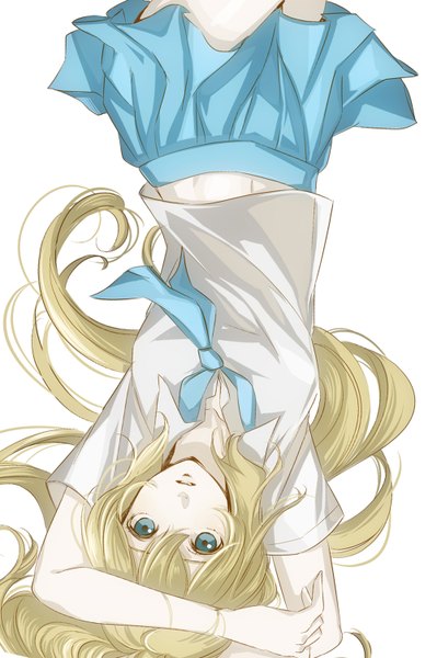 Anime picture 1000x1502 with original tagme (artist) single long hair tall image fringe blue eyes simple background blonde hair white background lying aqua eyes arms behind head pale skin upside down girl navel uniform school uniform