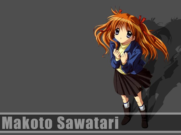 Anime picture 1024x768 with kanon key (studio) sawatari makoto long hair blue eyes simple background orange hair inscription shadow girl skirt ribbon (ribbons) hair ribbon