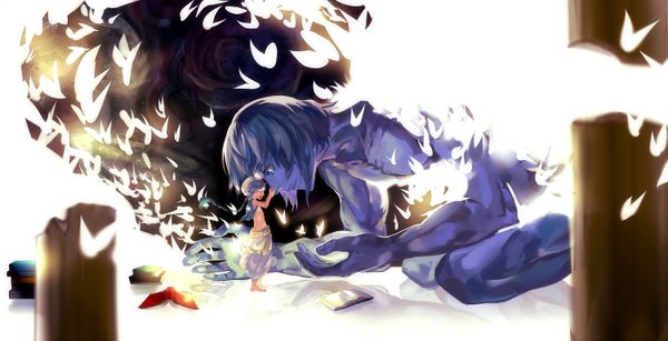 Anime picture 3000x1538 with magi the labyrinth of magic a-1 pictures aladdin (magi) uugo rifsom long hair highres short hair open mouth blue eyes wide image blue hair profile barefoot tears single braid crying blue skin giant boy