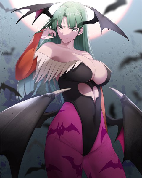 Anime picture 864x1080 with vampire / darkstalkers (game) capcom morrigan aensland giba (out-low) single long hair tall image looking at viewer fringe breasts light erotic large breasts standing bare shoulders green eyes cleavage arm up green hair blurry night