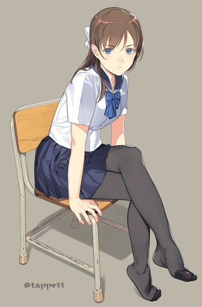 Anime picture 793x1200 with original koinumaru-san mibu natsuki single long hair tall image looking at viewer blush fringe open mouth blue eyes simple background hair between eyes brown hair sitting signed bent knee (knees) pleated skirt grey background arm support