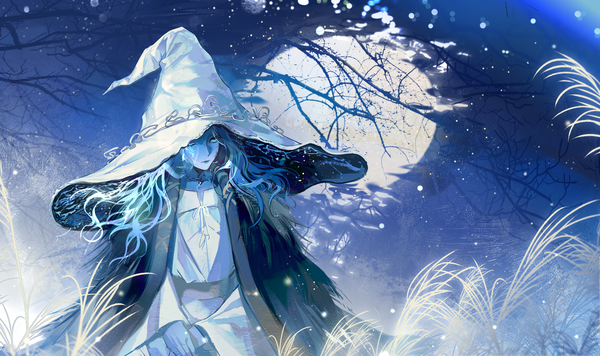 Anime-Bild 3212x1906 mit elden ring ranni the witch tknife single long hair highres blue eyes wide image blue hair looking away one eye closed girl plant (plants) hat tree (trees) moon witch hat full moon susuki grass