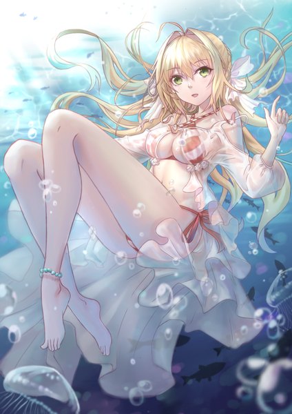 Anime picture 2480x3507 with fate (series) fate/grand order nero claudius (fate) (all) nero claudius (swimsuit caster) (fate) yelan xing xuan single long hair tall image looking at viewer fringe highres breasts open mouth light erotic blonde hair hair between eyes bare shoulders green eyes payot full body