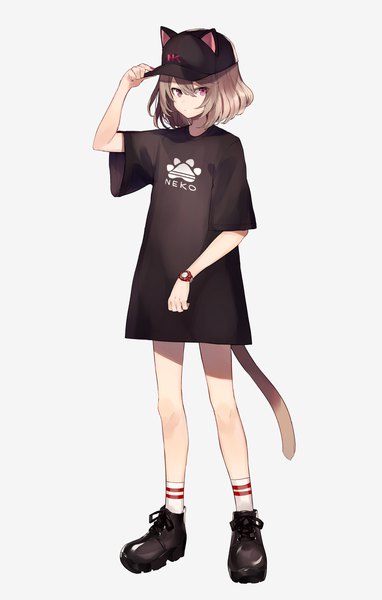 Anime picture 700x1097 with original shugao single tall image looking at viewer fringe short hair simple background hair between eyes brown hair standing purple eyes full body tail animal tail grey background wide sleeves cat girl cat tail adjusting hat