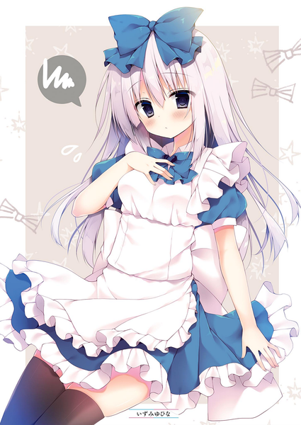Anime picture 1451x2048 with alice or alice airi (alice or alice) izumiyuhina single long hair tall image looking at viewer blush fringe simple background hair between eyes purple eyes signed grey hair short sleeves maid zettai ryouiki text border hieroglyph