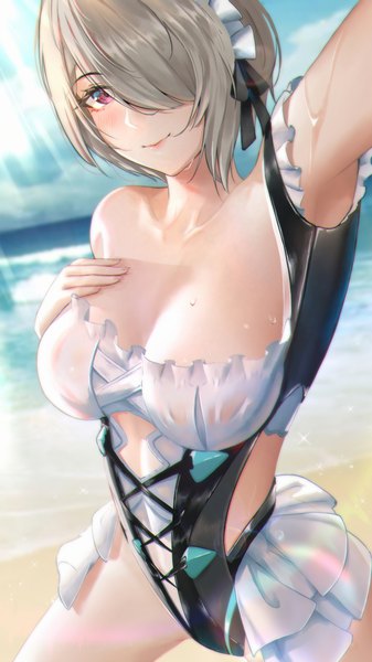 Anime-Bild 2160x3840 mit honkai impact 3rd honkai (series) rita rossweisse rita rossweisse (icy sea spray) eleaaa single tall image looking at viewer fringe highres short hair breasts light erotic smile red eyes large breasts standing cleavage outdoors arm up