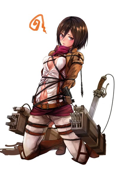 Anime picture 636x900 with shingeki no kyojin production i.g mikasa ackerman rinzou (dangan) single tall image short hair light erotic simple background brown hair white background brown eyes looking away open clothes open shirt embarrassed kneeling hands behind back bondage abs