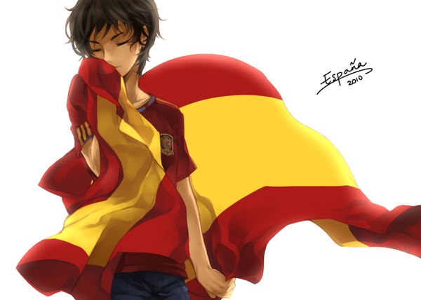 イラスト 1400x1000 と ヘタリア Axis Powers スタジオディーン world cup 2010 fifa world cup spain (hetalia) 黒髪 白背景 eyes closed 男性 制服 旗