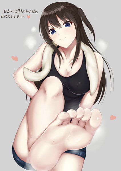 Anime picture 1555x2200 with seiren tsuneki hikari otono fei single long hair tall image looking at viewer blush fringe breasts blue eyes light erotic black hair simple background smile hair between eyes large breasts standing bare shoulders holding