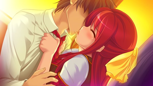 Anime picture 1280x720 with ntr48 long hair blush black hair wide image game cg red hair eyes closed couple kiss girl boy