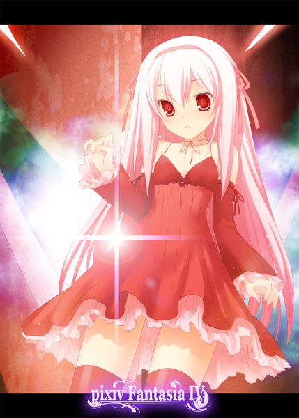 Anime picture 858x1200 with original pixiv fantasia 47agdragon single long hair tall image looking at viewer red eyes white hair girl thighhighs dress detached sleeves hairband