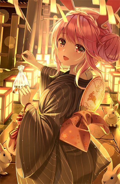 Anime picture 782x1200 with touhou reisen udongein inaba yuuka nonoko single tall image looking at viewer blush fringe short hair open mouth smile standing holding animal ears payot pink hair braid (braids) traditional clothes :d japanese clothes