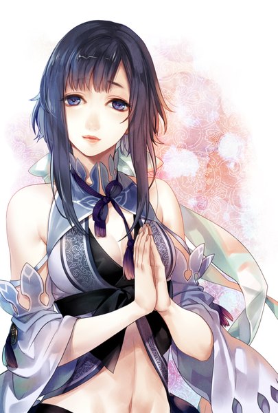Anime picture 1181x1748 with original kiskil-llira tall image looking at viewer fringe short hair breasts blue eyes bare shoulders blue hair light smile bare belly girl navel detached sleeves