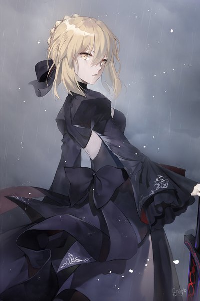Anime picture 700x1050 with fate (series) fate/stay night artoria pendragon (all) saber alter emyo single tall image looking at viewer fringe short hair breasts blonde hair hair between eyes standing holding signed yellow eyes cloud (clouds) parted lips looking back