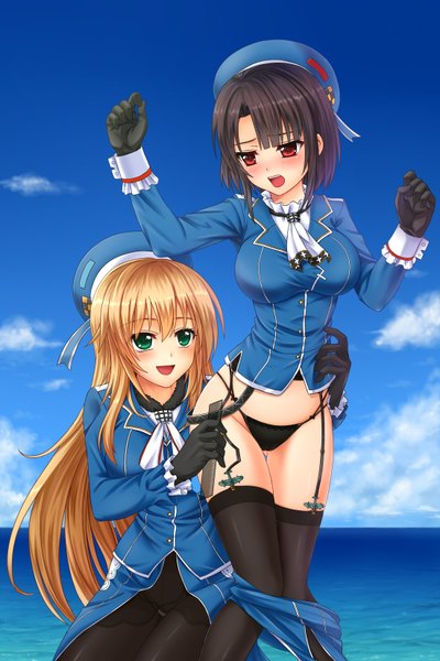 Anime picture 2200x3300 with kantai collection atago heavy cruiser takao heavy cruiser chien zero long hair tall image blush highres short hair open mouth light erotic black hair blonde hair red eyes multiple girls green eyes sky cloud (clouds) girl thighhighs