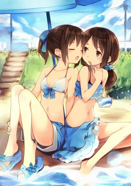 Anime picture 848x1200 with original kyuri long hair tall image open mouth light erotic brown hair multiple girls brown eyes ponytail eyes closed shoujo ai girl bow 2 girls swimsuit hair bow bikini water