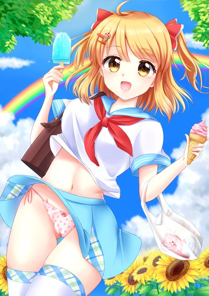 Anime picture 1060x1500 with original moe2018 nari (hoooooolic) single tall image looking at viewer short hair open mouth light erotic blonde hair yellow eyes sky cloud (clouds) ahoge :d bare belly fang (fangs) two side up pantyshot summer