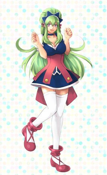 Anime picture 1000x1632 with ixion saga: dimension transfer brains base (studio) mariandale abineko single long hair tall image looking at viewer open mouth purple eyes green hair polka dot otoko no ko polka dot background thighhighs dress boy white thighhighs