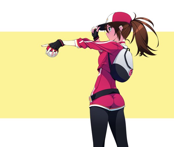 イラスト 1600x1351 と ポケットモンスタ pokemon (game) pokemon go nintendo female protagonist (pokemon go) 村上水軍 ソロ 長髪 前髪 highres 青い目 simple background hair between eyes 茶色の髪 holding looking away 尻 ポニーテール プロフィール from behind