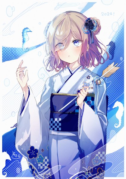 Anime picture 2605x3684 with original sofra single tall image highres short hair blue eyes brown hair holding looking away nail polish traditional clothes japanese clothes border new year blue nail polish multicolored nail polish 2024 girl hair ornament
