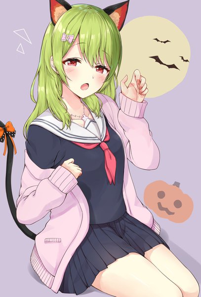 Anime picture 1390x2047 with virtual youtuber nijisanji morinaka kazaki racchi. single long hair tall image looking at viewer open mouth red eyes sitting animal ears tail animal tail green hair cat ears :o cat tail halloween purple background