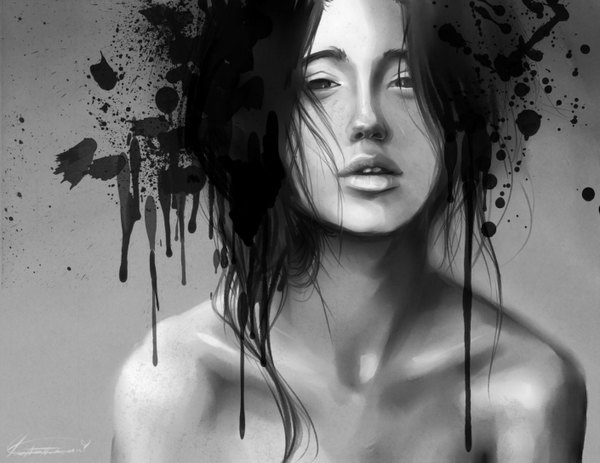 Anime picture 1409x1089 with sparkyyy (artist) single open mouth black hair simple background bare shoulders signed parted lips lips black eyes realistic grey background monochrome portrait face girl