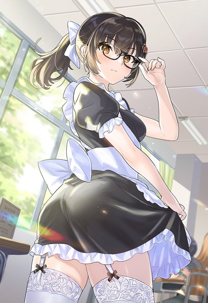 Anime picture 822x1200 with original tan (tangent) tall image looking at viewer blush fringe short hair hair between eyes brown hair standing multiple girls brown eyes ass ponytail indoors long sleeves looking back maid hair bun (hair buns) puffy sleeves