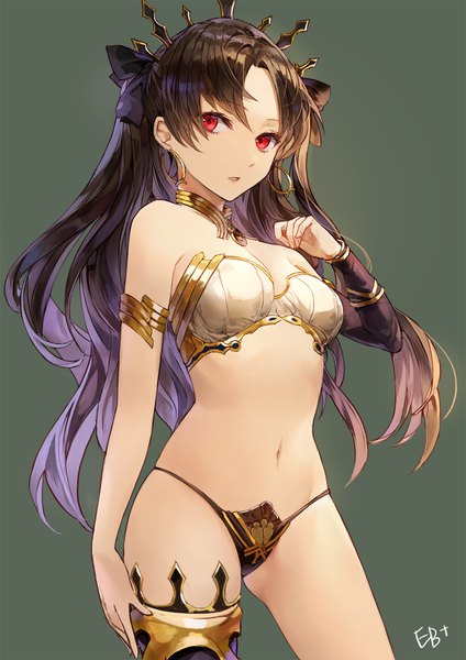 Anime picture 1000x1415 with fate (series) fate/grand order toosaka rin ishtar (fate) kim eb single long hair tall image looking at viewer fringe breasts open mouth light erotic black hair simple background red eyes standing bare shoulders signed cleavage